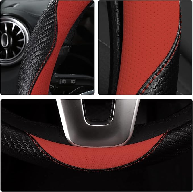 Car Steering Wheel Covers for Women Padded Carbon Fiber PU Leather Cute Auto Interior Accessories for Vehicle, Sedan, Universal, Anti Slip, Red, Standard Size, 14.75-15.15in