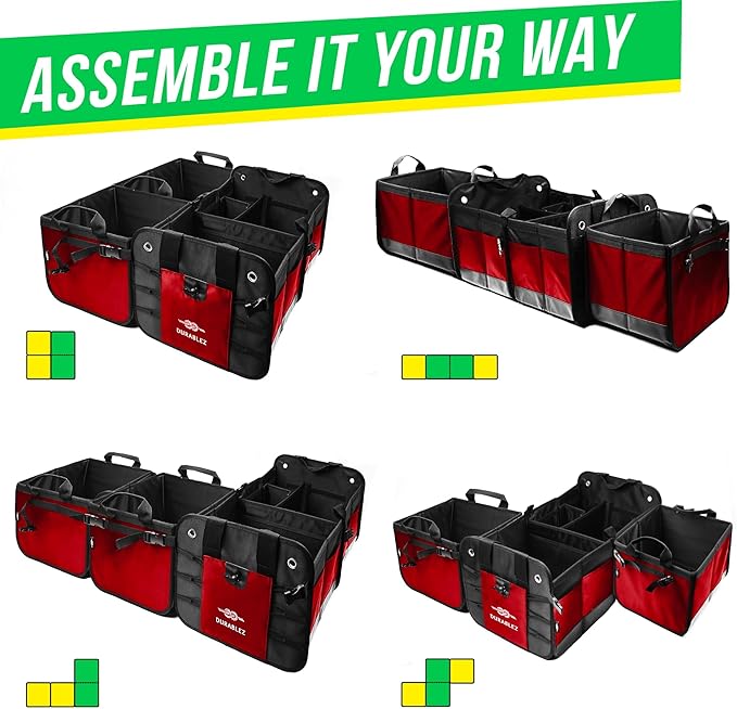XL Trunk Organizer 4-Section Modular System – Extra Large Car Cargo Storage, Foldable Multi-Compartment Bin for Groceries, Gear & Travel – High-Density Structure – Red