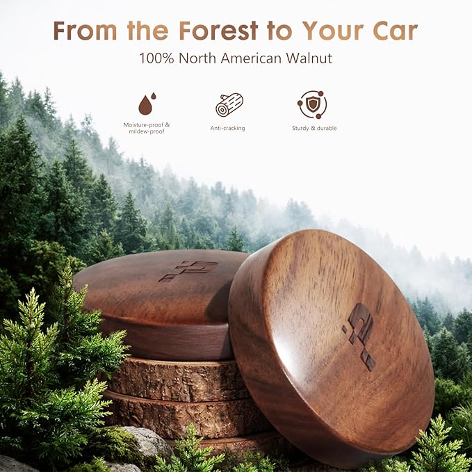 Wooden Car Air Freshener for Vent, Refillable Essential Oil Diffuser Clip with Long-Lasting Natural Scent, Solid North American Walnut & Metal Luxury Auto Deodorizer