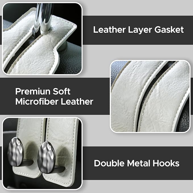 4 PCS Leather Car Seat Hooks for Headrest, Vehicle Hanger Storage Organizer Universal for Handbag Purse, Car Accessories Gift (White-Black-4 PCS)