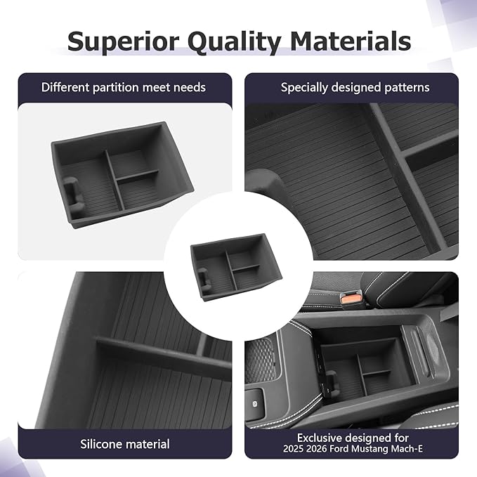 LUWU 2025 2026 Mustang Mach E Center Console Organizer for 2025 2026 Ford Mustang Mach E Select/Premium/GT Accessories Armrest Console Storage Box Glove Organizer Tray Silicone Material (Lower)