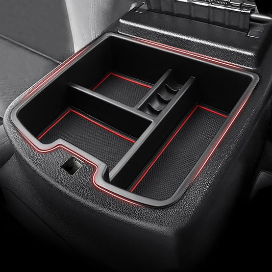 Autorder Center Console Organizer for 2007-2014 Chevy Silverado Tahoe Suburban Avalanche/GMC Sierra Yukon Accessories - Floor Mounted Center Console Only - Black & Red Slip Mats
