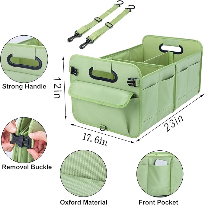 Trunk Organizer For Suv & Sedan,Car Organizers and Storage, Waterproof Collapsible & Adjustable Straps,70L Sturdy Car Organization for Car Accessories, Tools,Sundries,2-3Compartment（Green