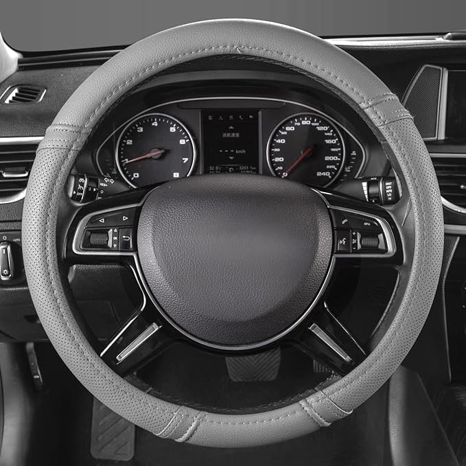 Car Pass Classical Leather Automotive Universal Steering Wheel Covers,Universal Fit for Suvs,Trucks,Sedans,Cars,Vans,14.5-15inch Anti-Slip Safety Comfortable Desgin(Gray)