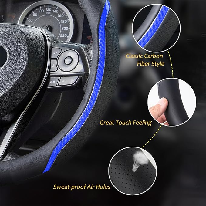 Steering Wheel Cover Blue, Carbon Fiber Car Steering Wheel Covers with Coasters Universal 14.5-15 inch Leather Microfiber Breathable Anti-Slip Steering Wheel Accessories Set