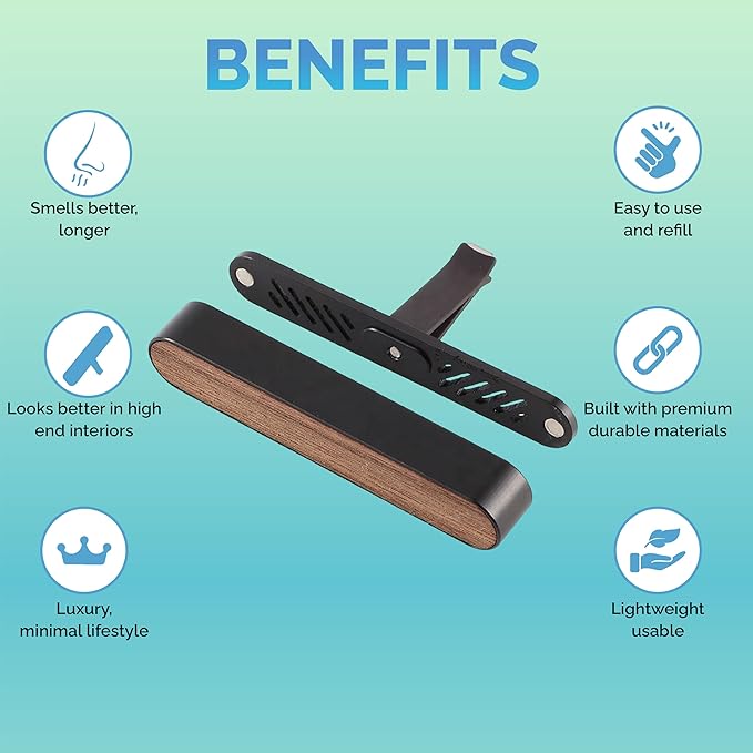 Luxury Car Air Freshener Vent Clip – Refillable Aluminum & Walnut Wood Diffuser, Minimalist Vent Freshener, Long-Lasting Scent - 1 Month Wick - 1 Pack