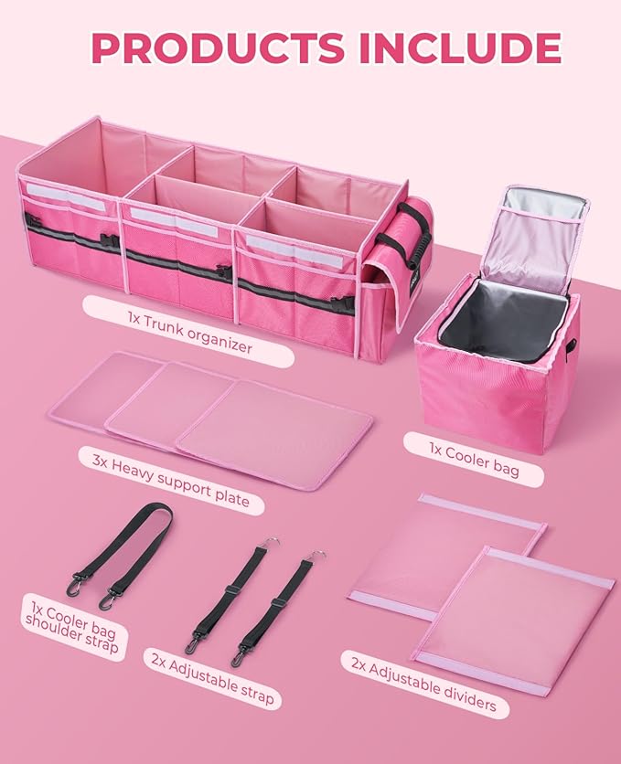 HIRALIY 4 in 1 Car Trunk Storage Organizer with Leakproof Cooler Bag, Multi-Compartment Foldable Trunk Storage Box for Car Truck SUV