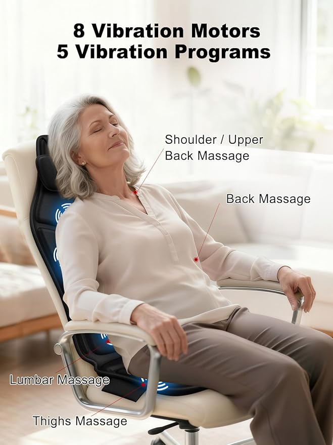 Vibration Back Massager with Heat, Massage Chair Pad for Recliner with 2 Heating Levels & 6 Vibration, Seat Cushion For Seniors, Office Workers & Family, Fatigue & Pain Relief in Office, Home & Travel