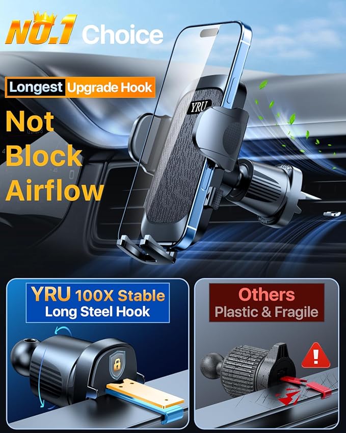 YRU True Upgrade for Safety Car Phone Holder Mount Patent & Military-Grade Dashboard Cell Phone Holder for Car Vent Windshield Phone Stand for iPhone 17 16 15 14 13 Pro Max Truck Samsung, Matte Black