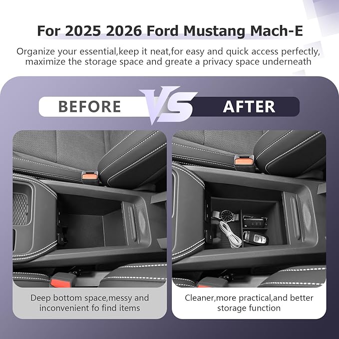 LUWU 2025 2026 Mustang Mach E Center Console Organizer for 2025 2026 Ford Mustang Mach E Select/Premium/GT Accessories Armrest Console Storage Box Glove Organizer Tray Silicone Material (Lower)