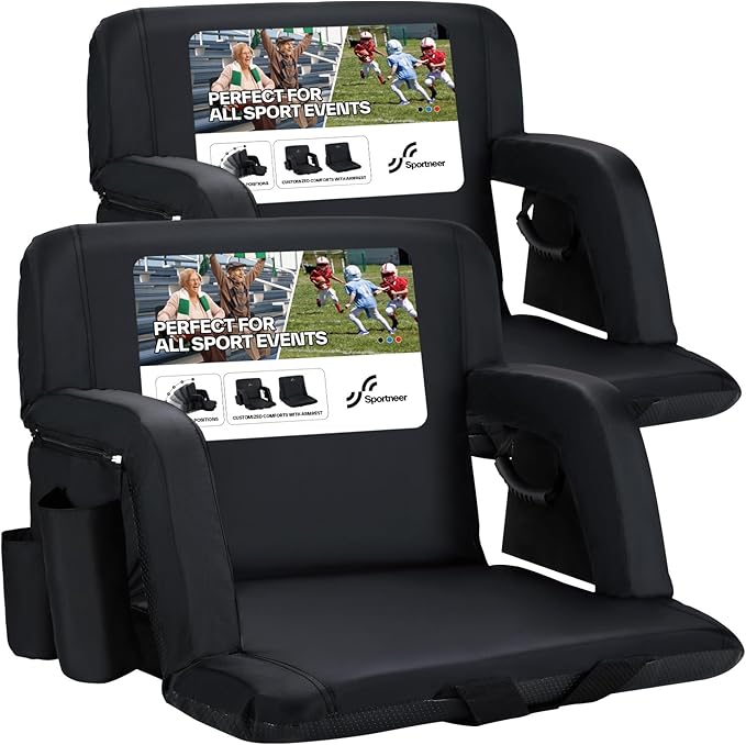 Sportneer Stadium Seats with Back Support: 2.5'' Thick Comfy Cushion 6 Adjustable Angle Bleacher Seat with Armrest - 2 Large Pockets, 2 Cup Holders Stadium Chair for Sport Events Concerts Parks