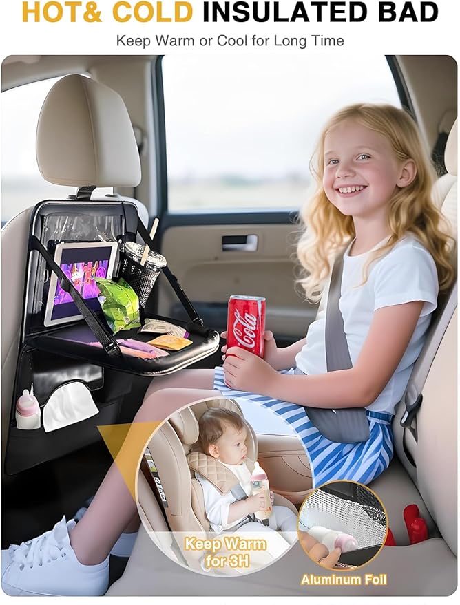 2-Pack Leather Car Backseat Organizer with Tablet Holder–Foldable Food Tray,Storage Pockets,Trash Can,Tissue Holder & Insulated Bag–Kick Mats Protector for Kids,Travel Accessories Organizer