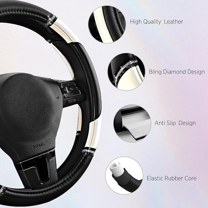 Road Comforts Leather Steering Wheel Cover - Made with PVC Leather - Anti-Slip, Universal Fit 14 1/2 inches to 15 inches - White