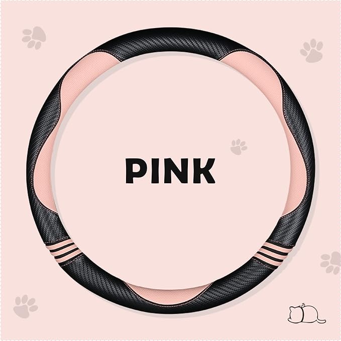 Car Steering Wheel Covers for Women Girl Padded Carbon Fiber PU Leather Cute Cartoon Auto Interior Accessories for Jeep, Truck, Universal, Anti Slip, Pink, Large Size, 15.2-16in