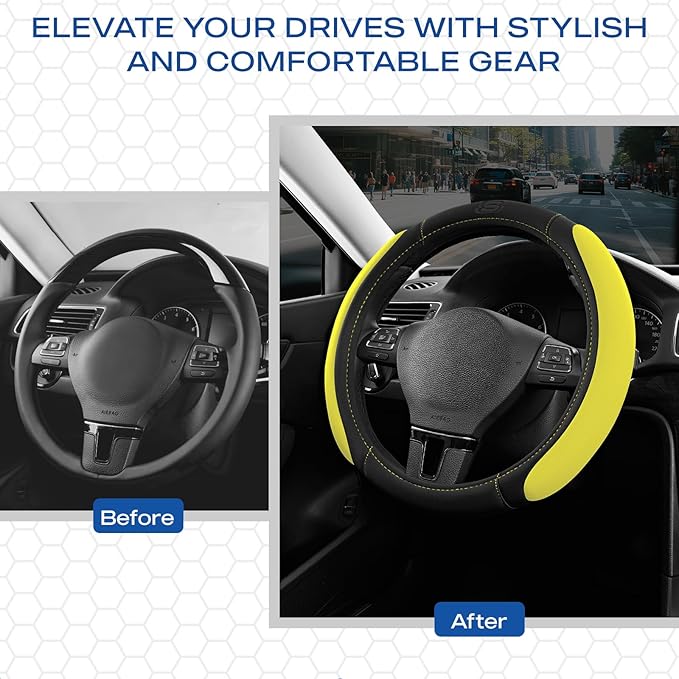 Skechers Steering Wheel Cover, Memory Foam Car Steering Wheel Cover,14.5-15inch Anti-Slip Safety Comfortable Desgin, Universal Accessory for Diverse Cars, Truck,SUV (Black & Yellow)