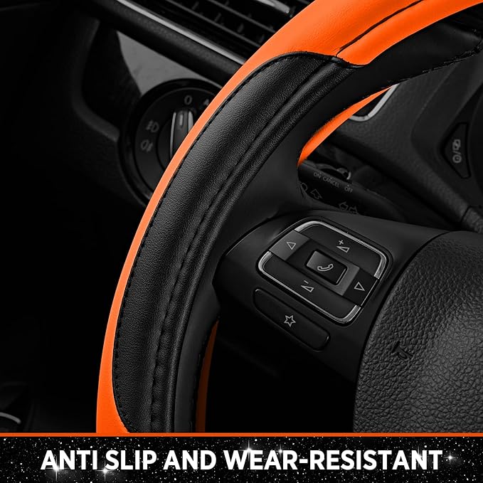 Road Comforts Leather Steering Wheel Cover - Made with PVC Leather - Anti-Slip, Universal Fit 14 1/2 inches to 15 inches - Orange