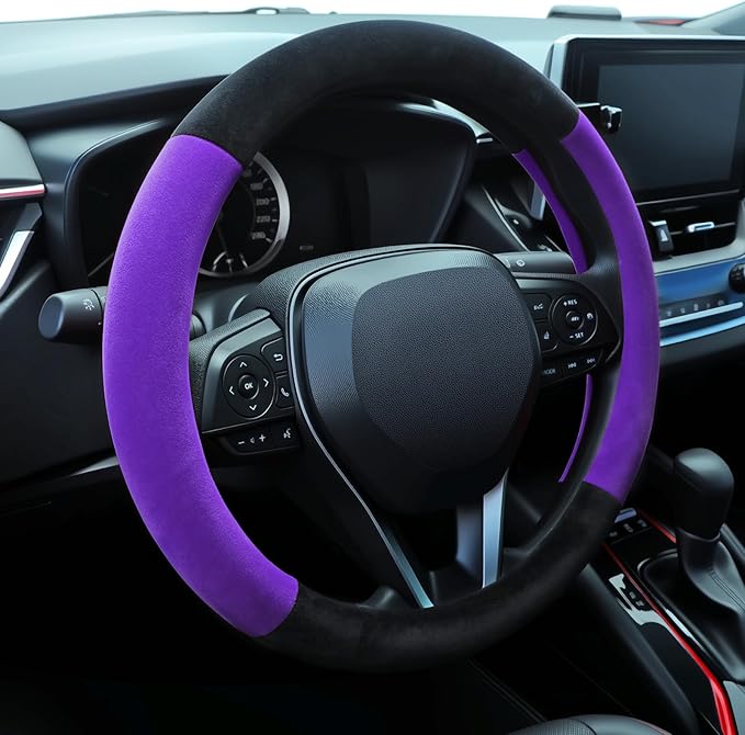 SEG Direct Steering Wheel Cover for Car, Standard Size 14.5-15 inch, Auto Interior Accessories, Warm Plush, Summer Winter, Black and Purple