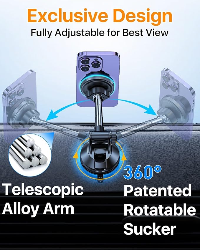 YRU Upgraded Magnetic Phone Holder for Car【Patented & Super Magnet】 for MagSafe Car Mount Dashboard Magnet Phone Holder Windshield Phone Stand for iPhone 17 16 15 14 13 12 Pro Max Samsung, Black