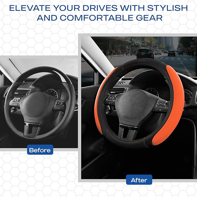 Skechers Steering Wheel Cover, Memory Foam Car Steering Wheel Cover,14.5-15inch Anti-Slip Safety Comfortable Desgin, Universal Accessory for Diverse Cars, Truck,SUV (Black & Orange)