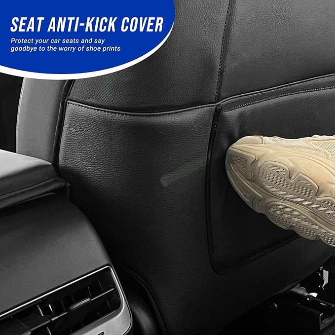 Automotive Seat Back Protector for Tesla Model 3/Y (2017-2025) - Waterproof Leather Kick Mat with Storage Pocket