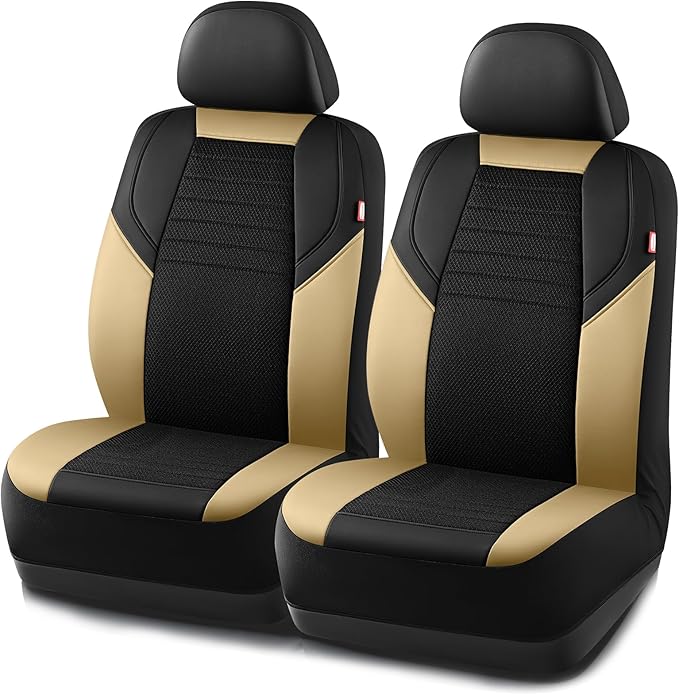 Rubbermaid Car Seat Cover, Leather & Air-Cool Mesh Front Seat Cover, Airbag Compatible, Slip-On Installation, Automotive Seat Cover Universal Fit for Most Cars, Trucks, SUVs-Beige