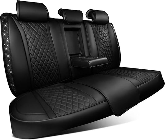 CAR PASS Bling Diamond Back Seat Covers, Nappa Leather Rear Seat Bench Cushion Waterproof Breathable Back Row Protector Universal Fit Car Sedan SUV Pickup Truck Shining Rhinestone Sparkle, Black
