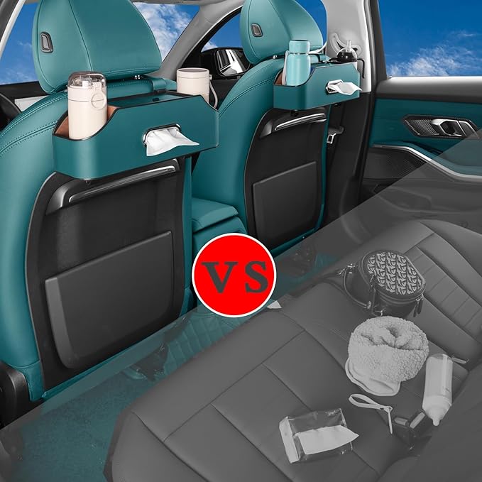 Car Seat Back Organizer - Stylish & Functional Storage for Family Adventures - Cup Holders, Tissue Box & Hooks - Perfect for Kids, Road Trips & Travel (Navy Blue)