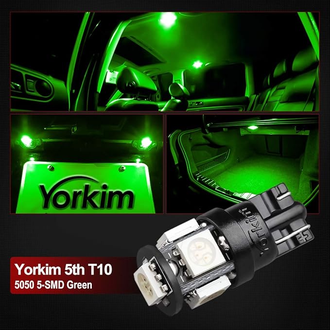 Yorkim 194 LED Bulbs Green Super Bright New 5th Generation, T10 168 LED Bulbs for Car Interior Dome Map Door Courtesy License Plate Lights W5W 2825, Pack of 10