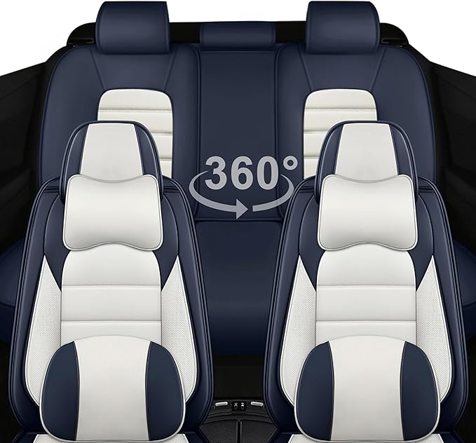 5 Car Seat Covers for Chrysler Pacifica 2004-2026 Breathable Leather,Waterproof Car Seat Protectors with Comfort Headrest Pillows,Automotive Vehicle Cushion with Storage Pockets (Luxury,Blue)