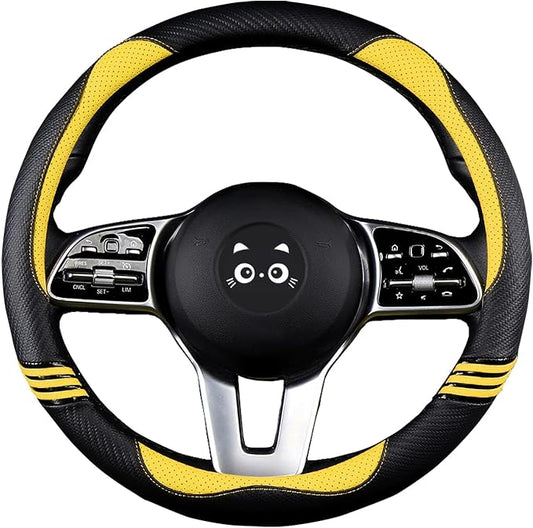 Iwantit® Steering Wheel Covers with Leather and Anti-Slip Rubber Ring, Universal Fit 14.5-15 inches for Cars,SUV (Yellow/Black)