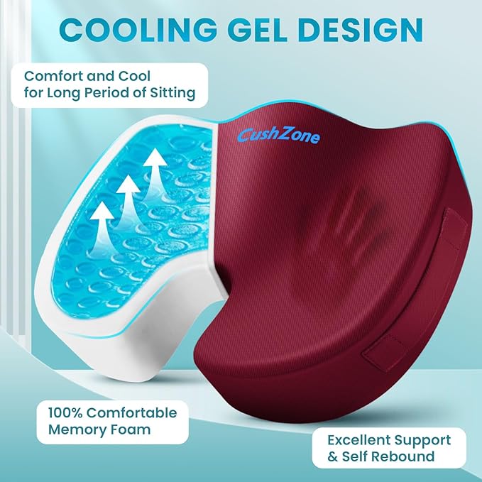 Office Chair Seat Cushion, Cooling Gel Enhanced Memory Foam Cushion for Long Sitting - Back, Sciatica, Coccyx, Tailbone Pain Relief Pillow - for Office, Gaming, Car, Wheelchair - Red, Large