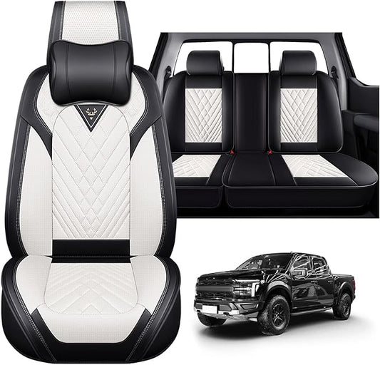 Full Set Car Seat Covers for Ford F-150 F-250 F-350 XL XLT STX Lariat King Ranch Platinum Raptor Waterproof Seat Covers 2009-2025, Anti-Slip Seat Protectors(Luxury 5 Seats/Black White)