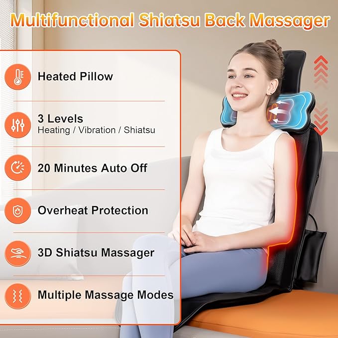 Shiatsu Massage Cushion,Kneading Back Massager with Heat for Full Back,Seat Massager with Neck Support Suitable for Office/Home/Parents/Friends/Christmas