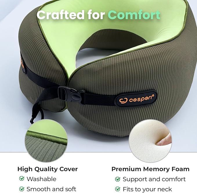 Cesperi® Travel Neck Pillow for Airplanes, Ergonomic Design, Airplane Neck Pillow with Memory Foam, Travel Essentials for Flights, Car Rides, and Home Rest, Large (Avocado Green)