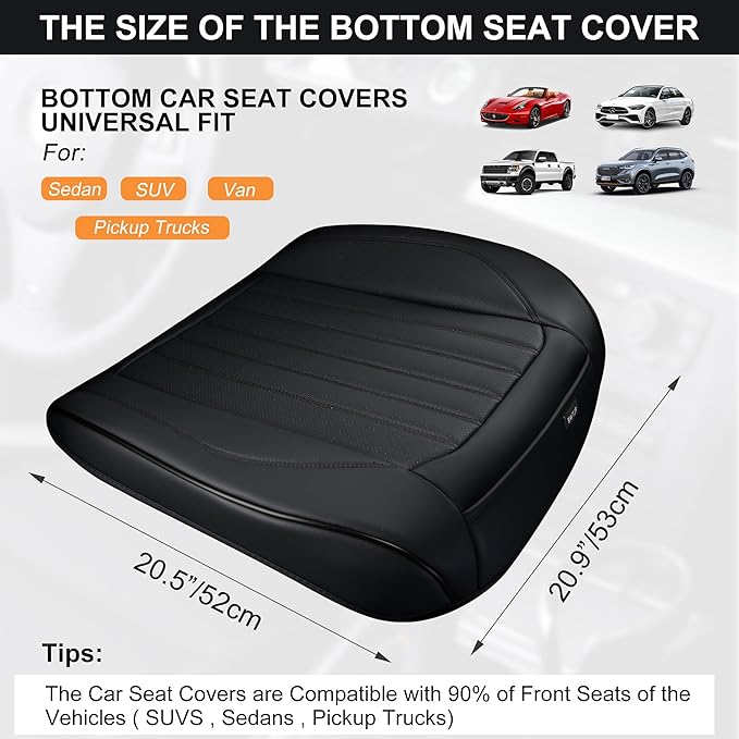 Black Car Seat Cover 2 Pack, Universal Leather Front Seat Covers Bottom Protector, Anti-Slip and Full Wrapping Edge Compatible with Most of Vehicles - SUVs/Sedans/Pickup Trucks
