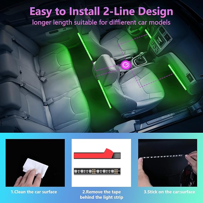 Footwell Lighting for car, Car Interior LED Lights,Lights for Inside car,APP Controlled RGB Light Strip with Music Sync Mode, 72 LEDs 16 Million Colors for Cars, Trucks, SUV via 12V Lighter