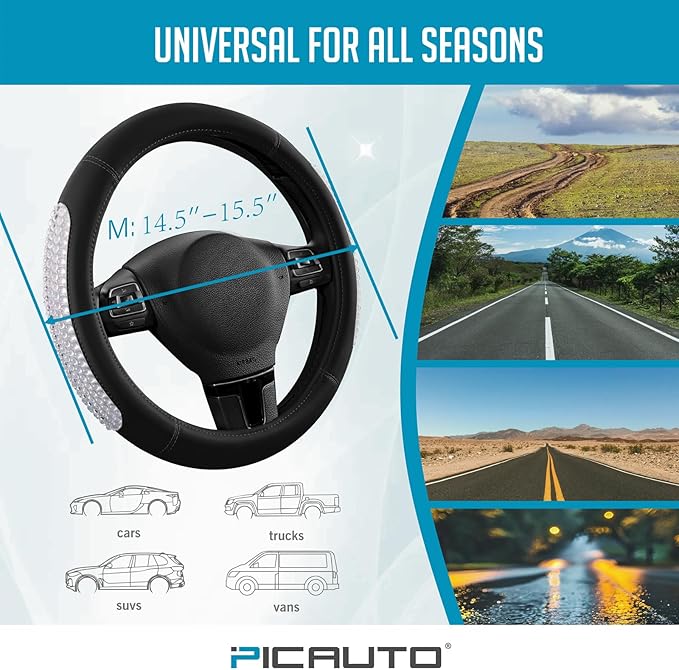 PIC AUTO Steering Wheel Cover, Glitter Gel Particles & Black Luxury Leather Car Steering Cover, Universal Fit 14.5"-15.5" Anti-Slip Car Wheels Cover for Girls & Women