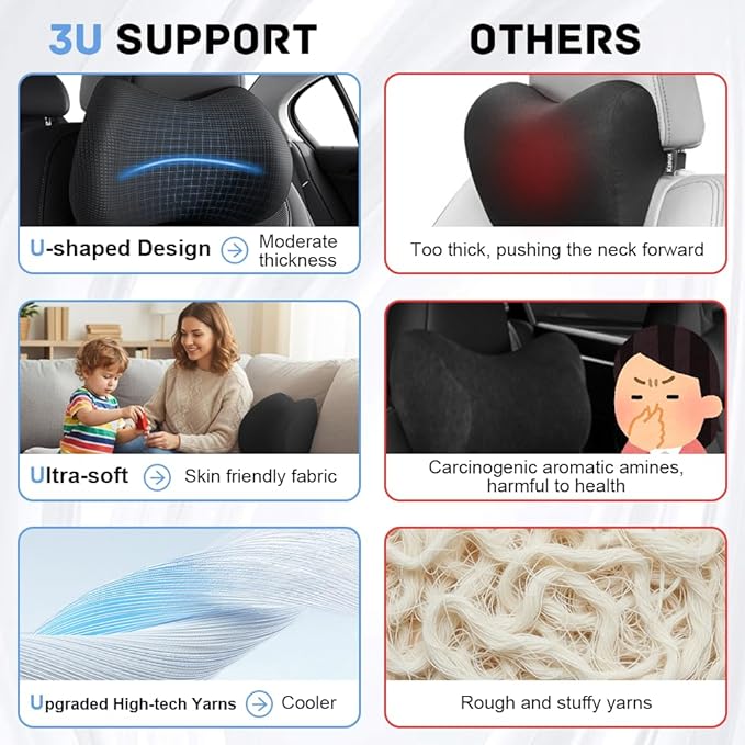 2Pack Car Neck Pillow - No Pressure & Odorless Memory Foam Car Headrest Pillow for Pain Relief, Ergonomic Support with Adjustable Strap & Breathable Removable Cover, Universal Fit(Black)