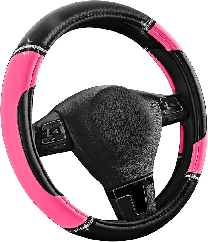 Road Comforts Leather Steering Wheel Cover - Made with PVC Leather - Anti-Slip, Universal Fit 14 1/2 inches to 15 inches - Hot Pink