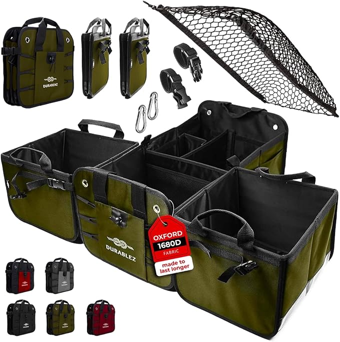 4-Section Extra Large Trunk Organizer – Heavy Duty 1680D, Collapsible & Foldable Cargo Organizer, Modular Multi-Shape Storage System for SUVs, Trucks, Vans – Green