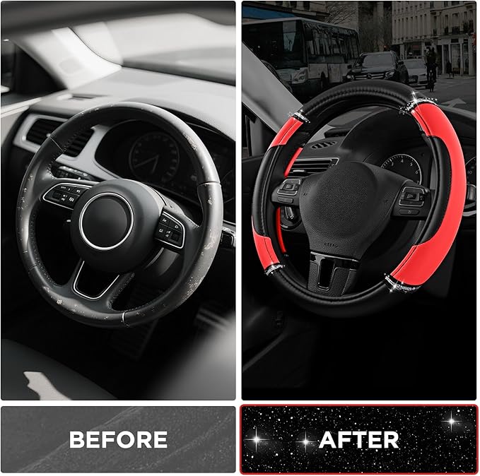 Road Comforts Leather Steering Wheel Cover - Made with PVC Leather - Anti-Slip, Universal Fit 14 1/2 inches to 15 inches - Red
