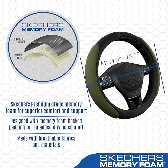 Skechers Steering Wheel Cover, Memory Foam Car Steering Wheel Cover,14.5-15inch Anti-Slip Safety Comfortable Desgin, Universal Accessory for Diverse Cars, Truck,SUV (Black & Olive)