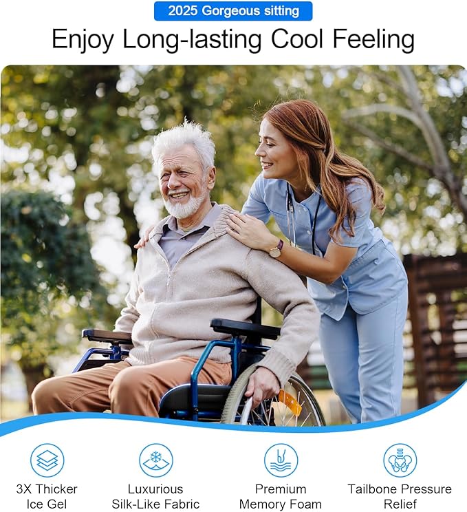Wheelchair Seat Cushions Cooling, Ergonomic Seat Cushion, Waterproof Silk Fabric, Memory Foam Cooling Gel Office Chair Cushion for Hip Support, Relieve Sciatica, Back, Coccyx, Pressure Sore