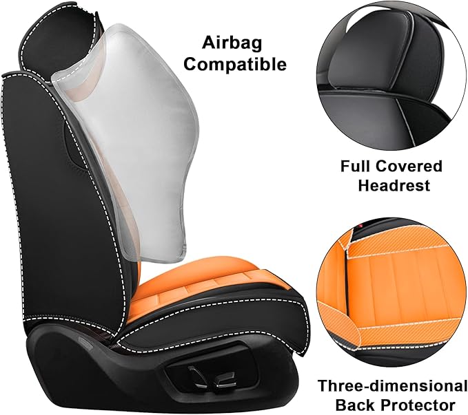 2 Car Seat Covers for Audi A4 2002-2026 Breathable Leather,Waterproof Car Seat Protectors with Comfort Headrest Pillows,Automotive Vehicle Cushion with Storage Pockets (Luxury,Orange)