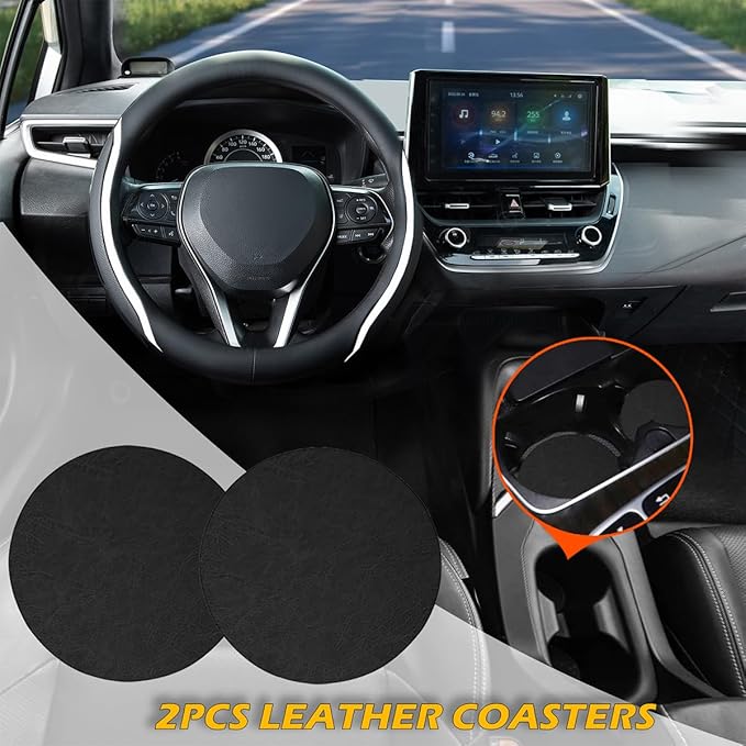 Steering Wheel Cover Black White, Carbon Fiber Car Steering Wheel Covers with Coasters Universal 14.5-15 inch Leather Microfiber Breathable Anti-Slip Steering Wheel Accessories Set