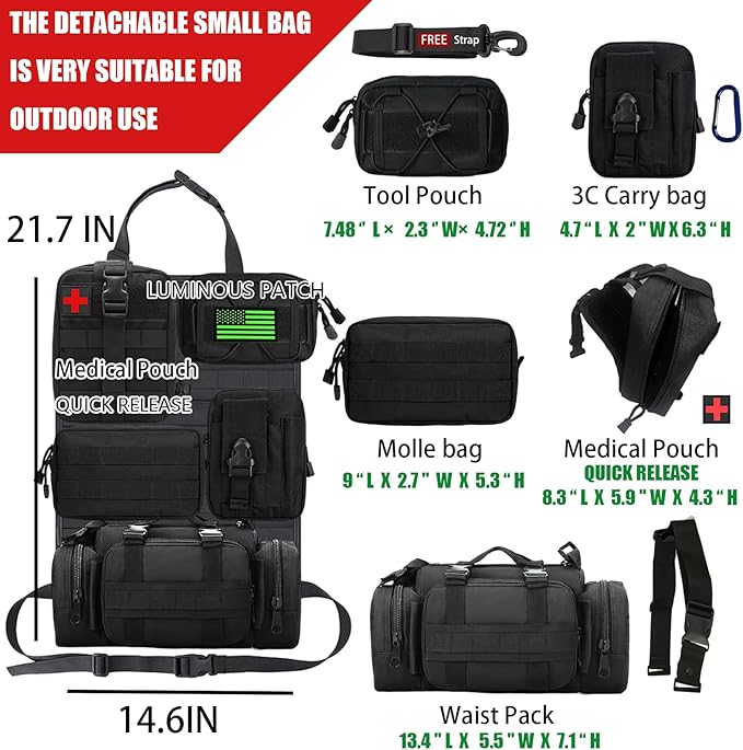 7 PACK Tactical Seat back organizer Truck organizer With 6 Detachable Pouches Universal For Car Truck Ford Jeep Military-Grade Heavier Panels With Multi-functional Packs (Black)