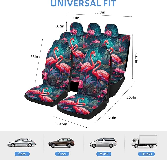2 Pcs Premium Flamingo Car Seat Cover, Breathable & Washable Car Seat Covers Full Sets, Fashionable Printed Seat Covers for Cars Interior, Universal Fit for Most Cars, Sedan, Truck, SUV