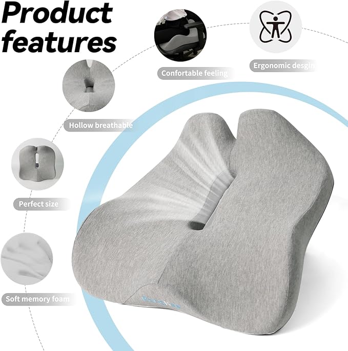 18 x 16.5 Inch Memory Foam Seat Cushion for Office Chair & Car, Pressure Buttocks Relief Comfort Cushions for Home, Work & Travel, Grey Seat Pad with Removable Washable Cover