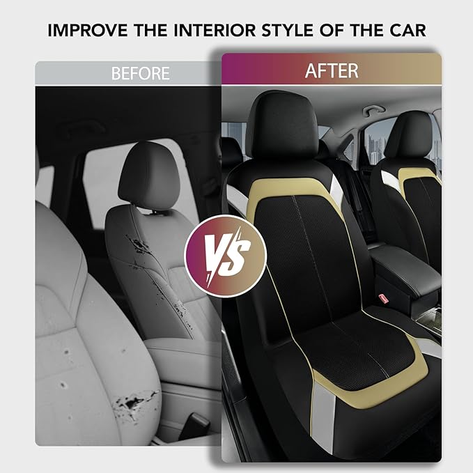 PIC AUTO Car Seat Cover – Silver & Beige Leather with Breathable Mesh Seat Cover for Cars, Stylish Two-Tone Leather Front Seat Covers, Universal Fit, Durable for SUV, Truck, Sedan, Vehicles