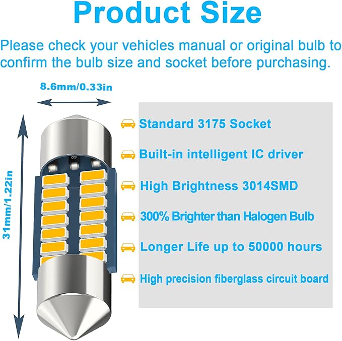 Serundo Auto DE3175 Led Car Bulb 31mm 1.22in Led Festoon Bulb, DE3021 DE3022 DE3023 6428 6430 7065 Led Festoon Bulb, Interior Led Used for Car Map Dome Light etc,Pack of 6pcs Amber Yellow Color